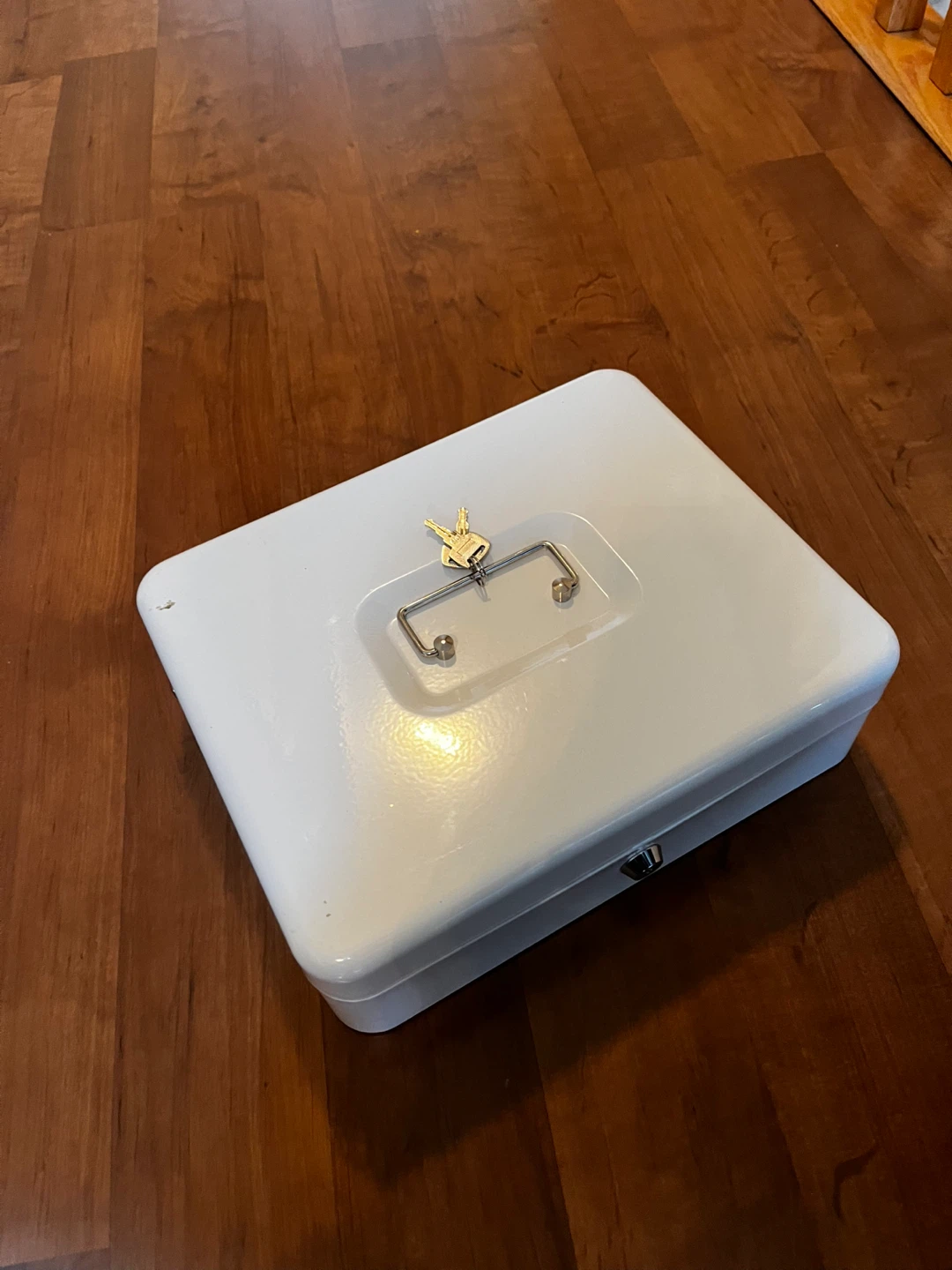 White Cash Box with Tray and Keys