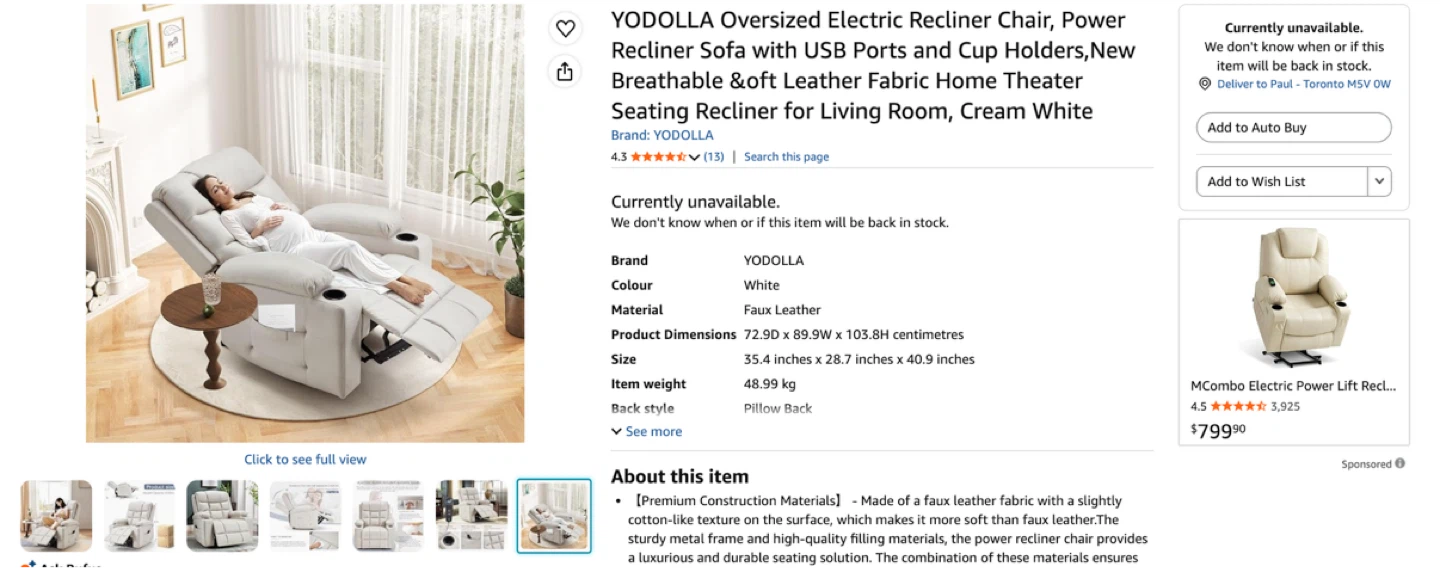 YODOLLA Oversized Electric Recliner Chair - Cream White