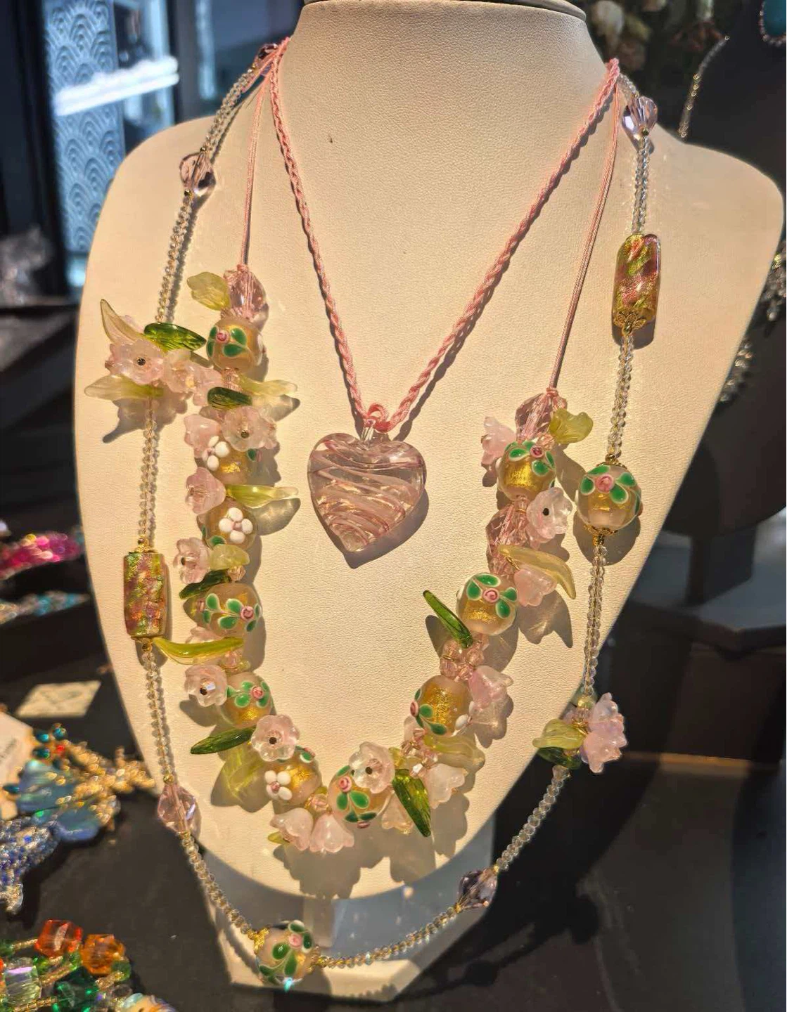 Glass Bead Necklace Set with Heart Pendant