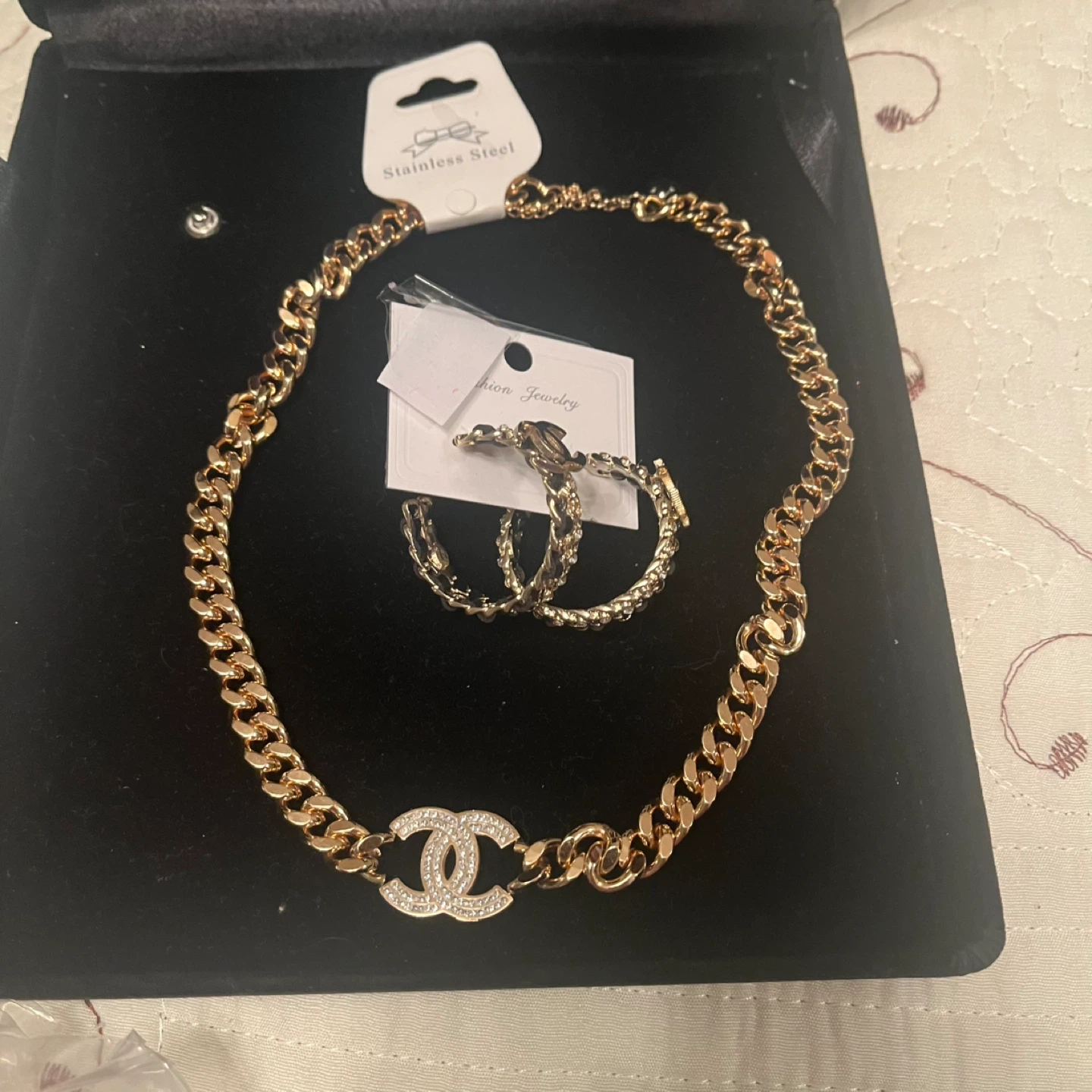 Gold Chain Necklace and Hoop Earrings Set