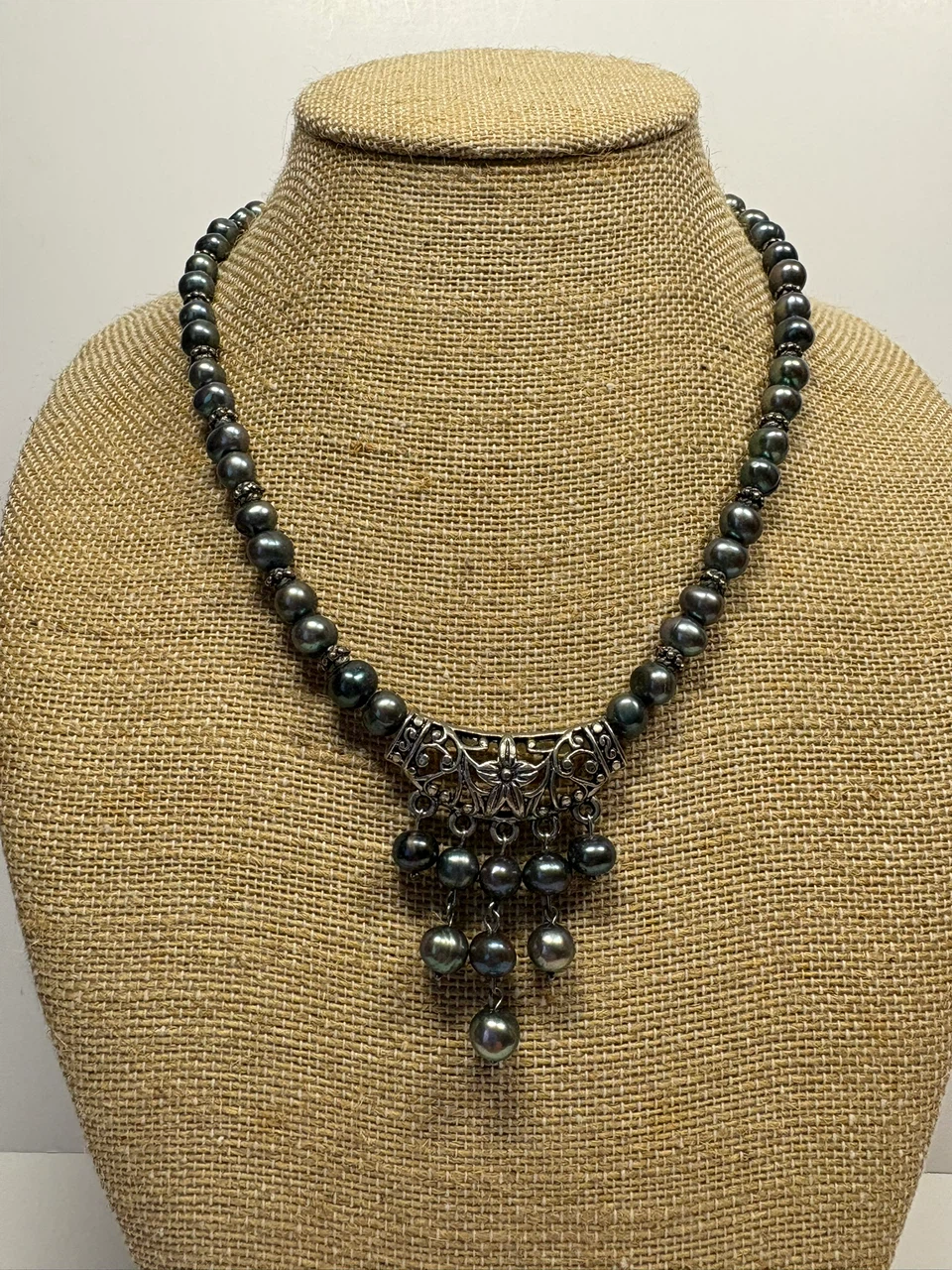 Dark Pearl Necklace with Silver Tassel Pendant