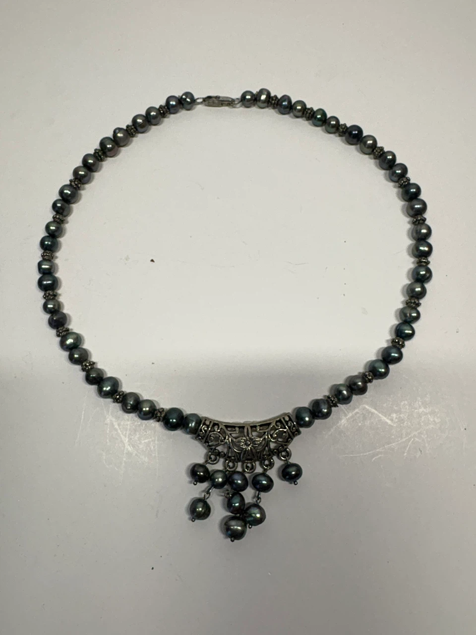 Dark Pearl Necklace with Silver Tassel Pendant - photo 2