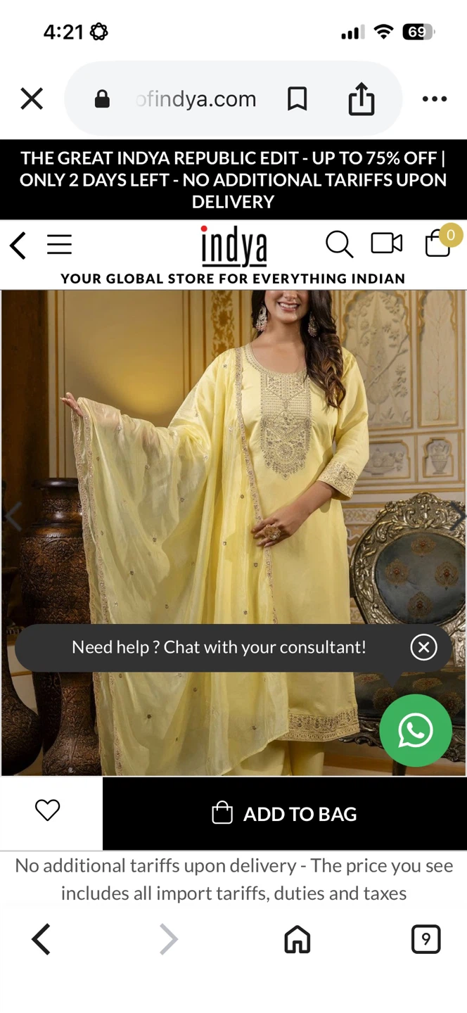 BIBA 3 p yellow embroidered salwar kameez dupatta & palazzos 36
