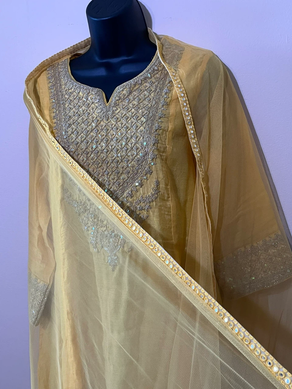 BIBA 3 p yellow embroidered salwar kameez dupatta & palazzos 36 - photo 4