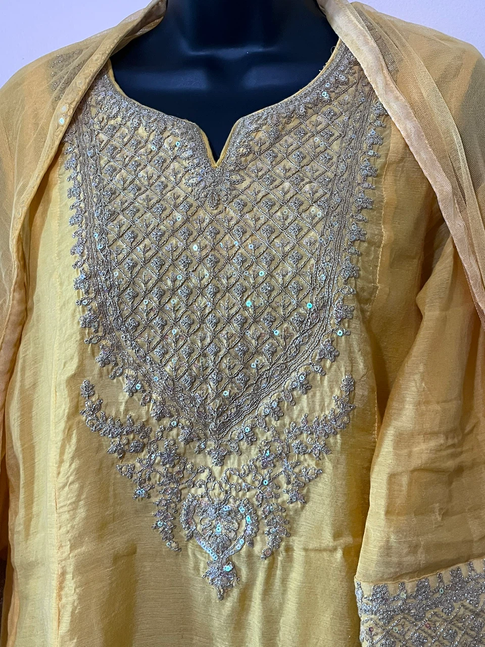 BIBA 3 p yellow embroidered salwar kameez dupatta & palazzos 36 - photo 5