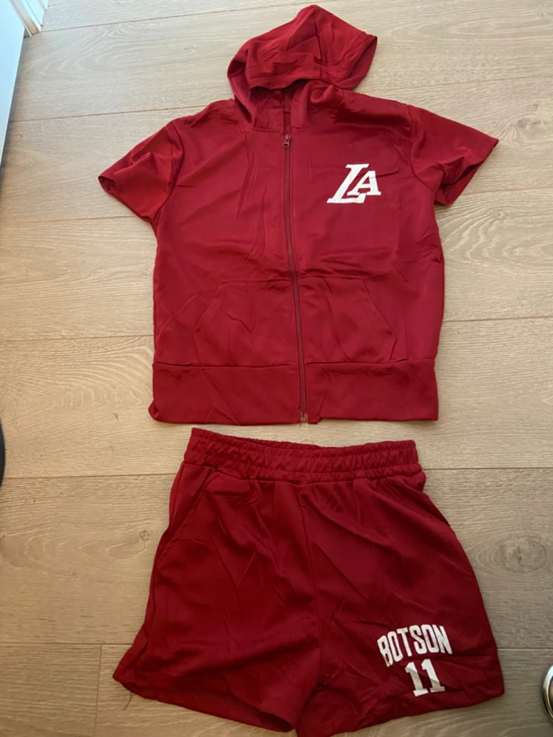 Red LA zip-up hoodie and shorts set