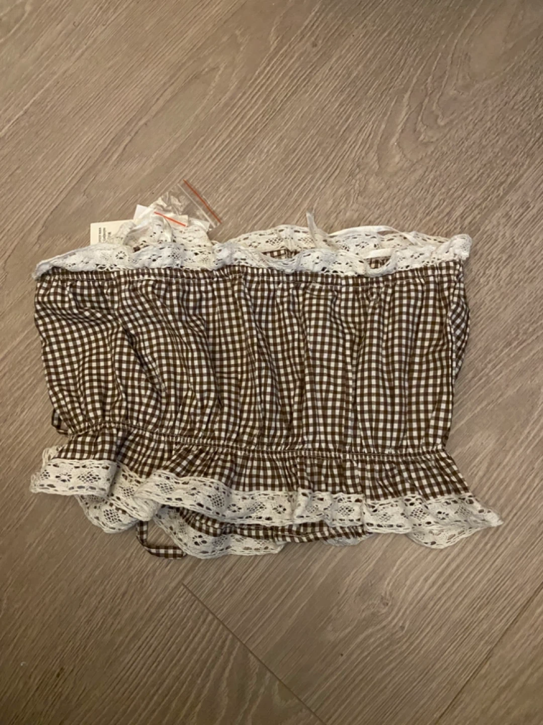 SIM & SAM Brown Gingham Lace Trim Tube Top - photo 2