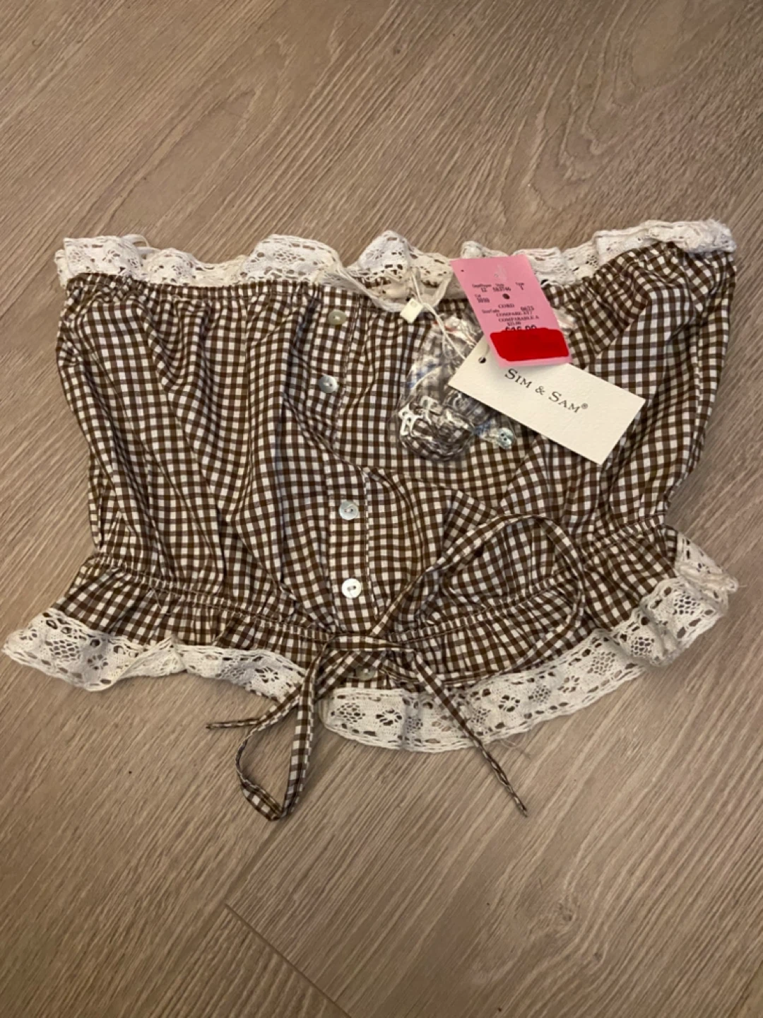 SIM & SAM Brown Gingham Lace Trim Tube Top
