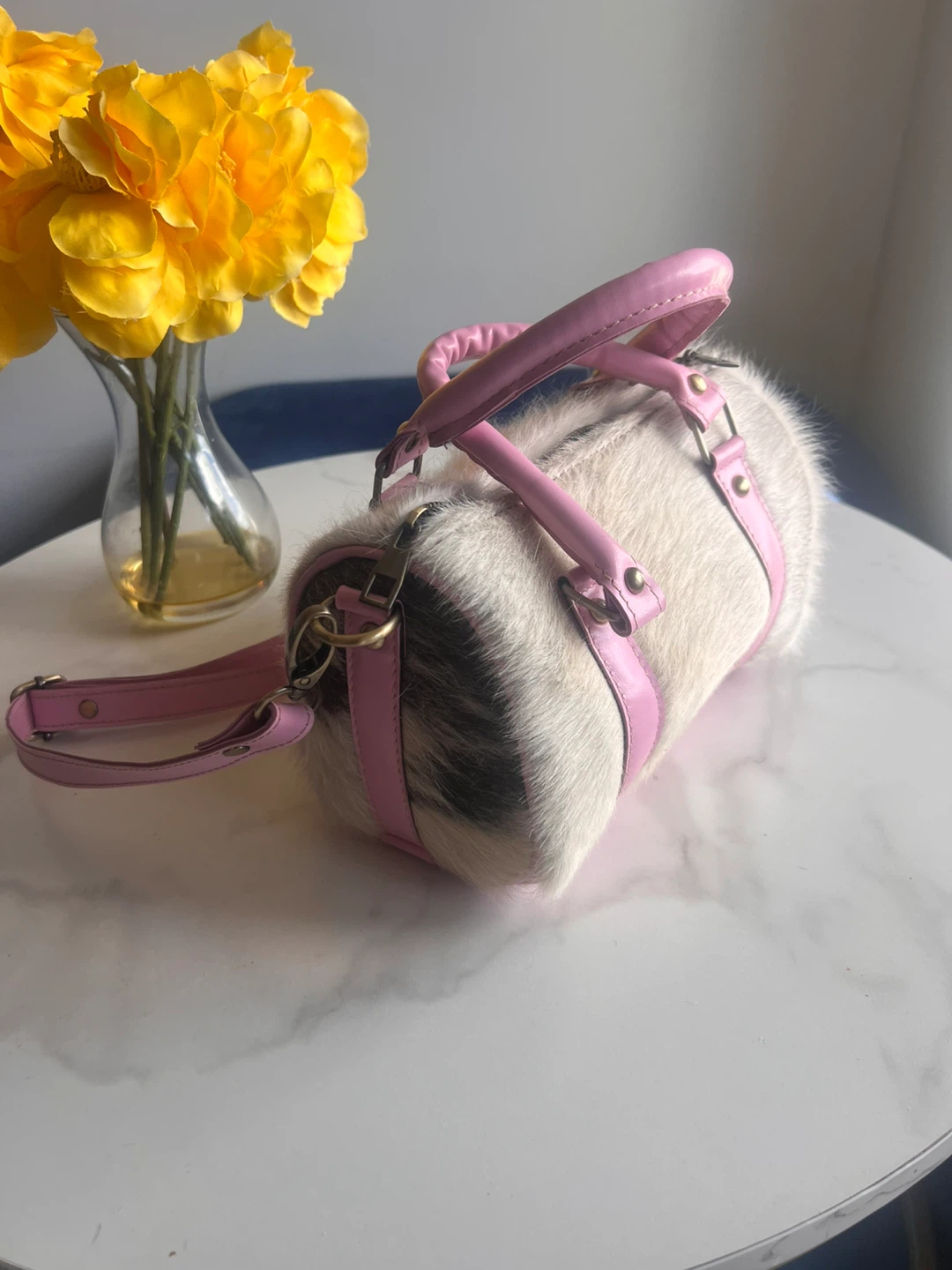 Furry Barrel Bag with Pink Accents