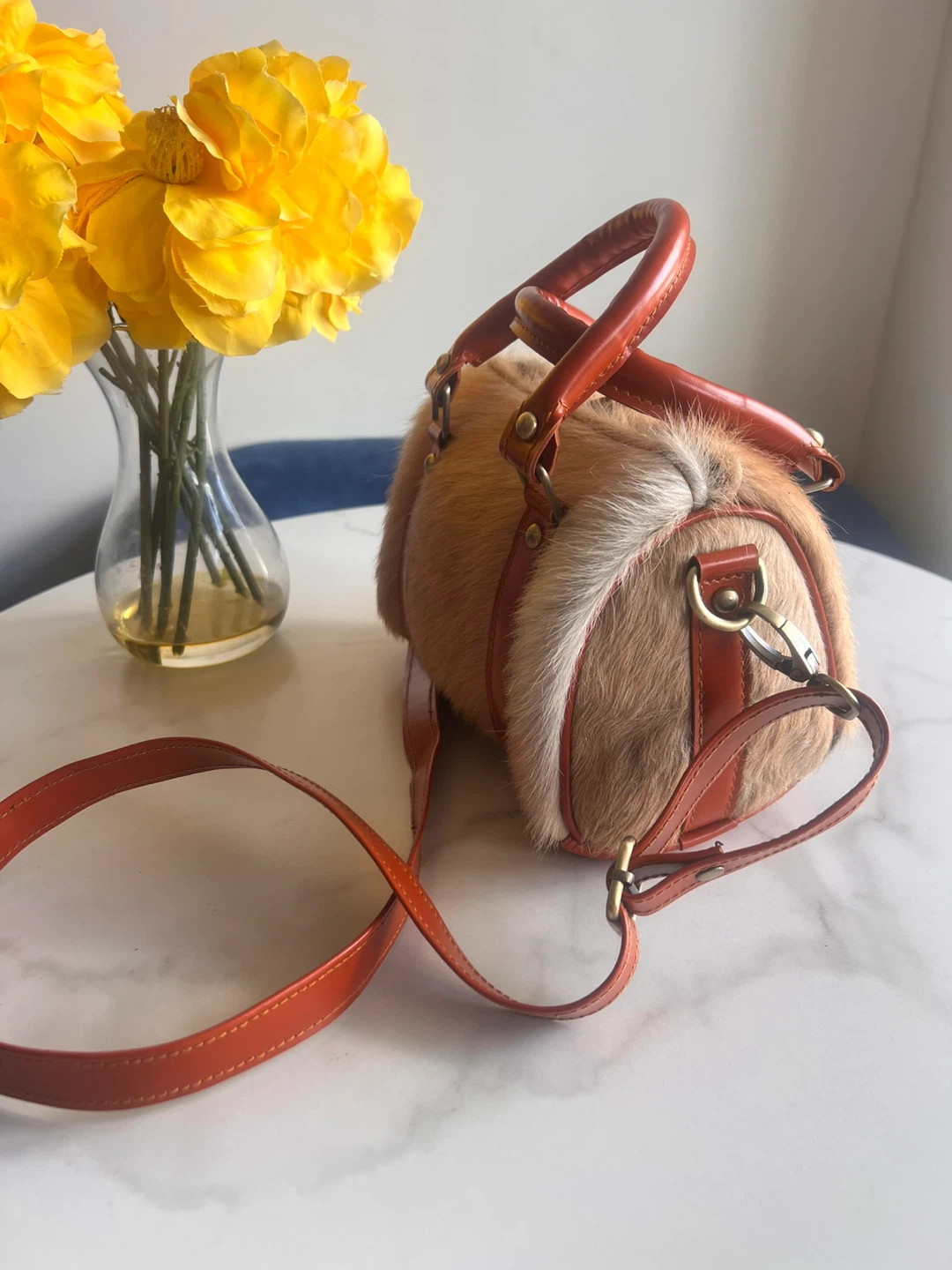Cowhide Barrel Bag with Orange Leather Trim