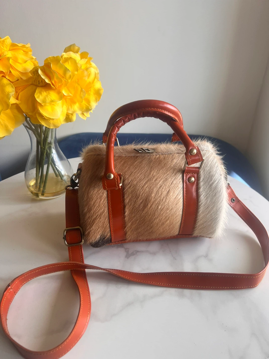 Cowhide Barrel Bag with Orange Leather Trim - photo 4