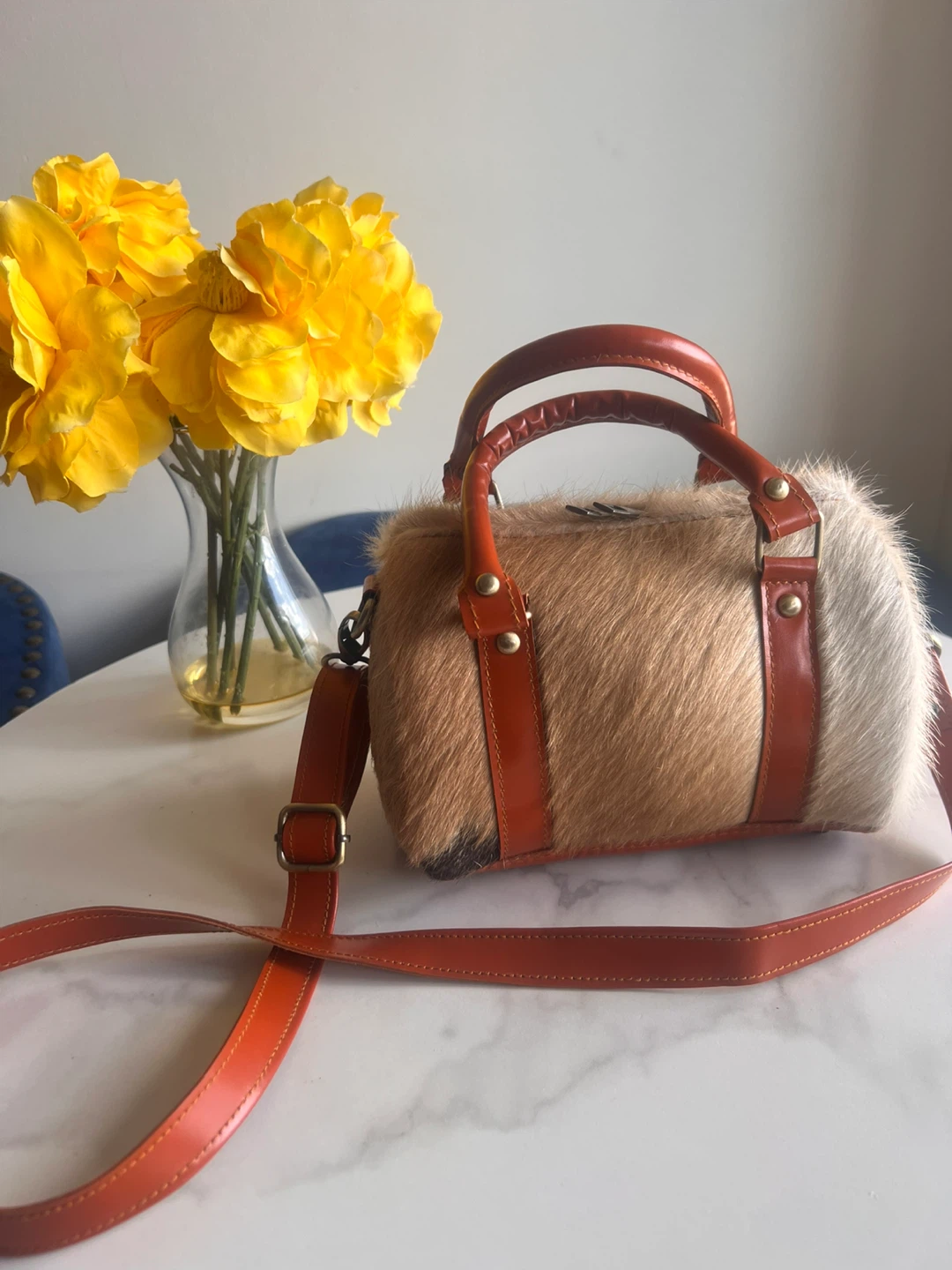 Cowhide Barrel Bag with Orange Leather Trim - photo 2