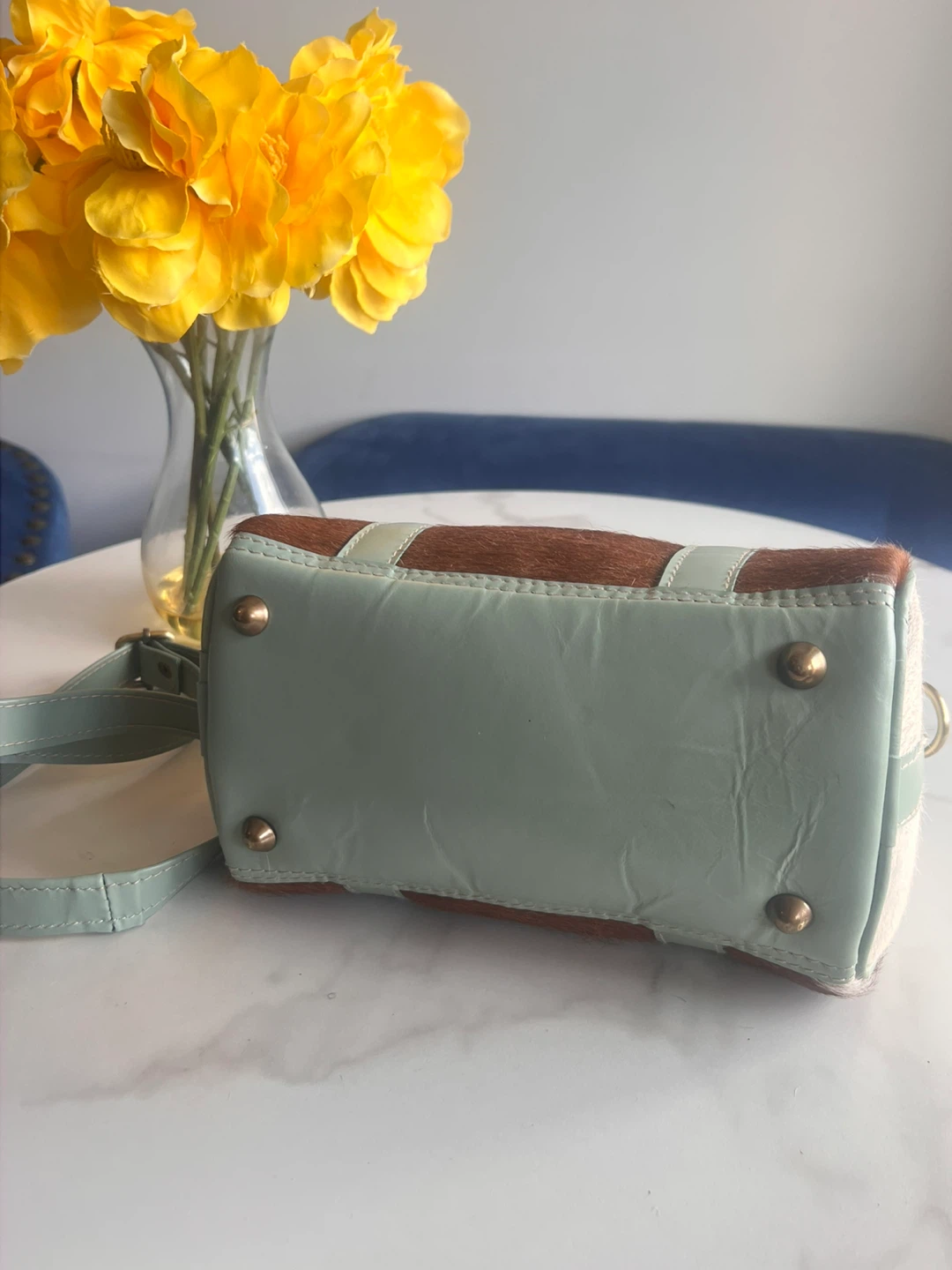 Brown and White Furry Barrel Bag with Light Green Accents - photo 5
