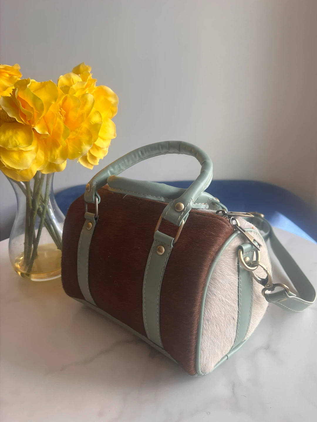 Brown and White Furry Barrel Bag with Light Green Accents - photo 3