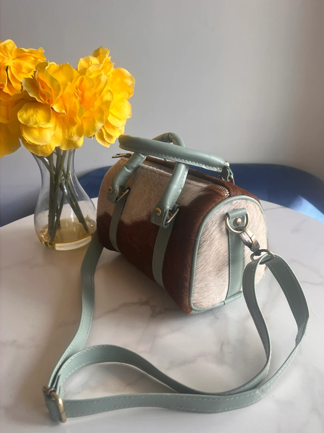 Brown and White Furry Barrel Bag with Light Green Accents - photo 4