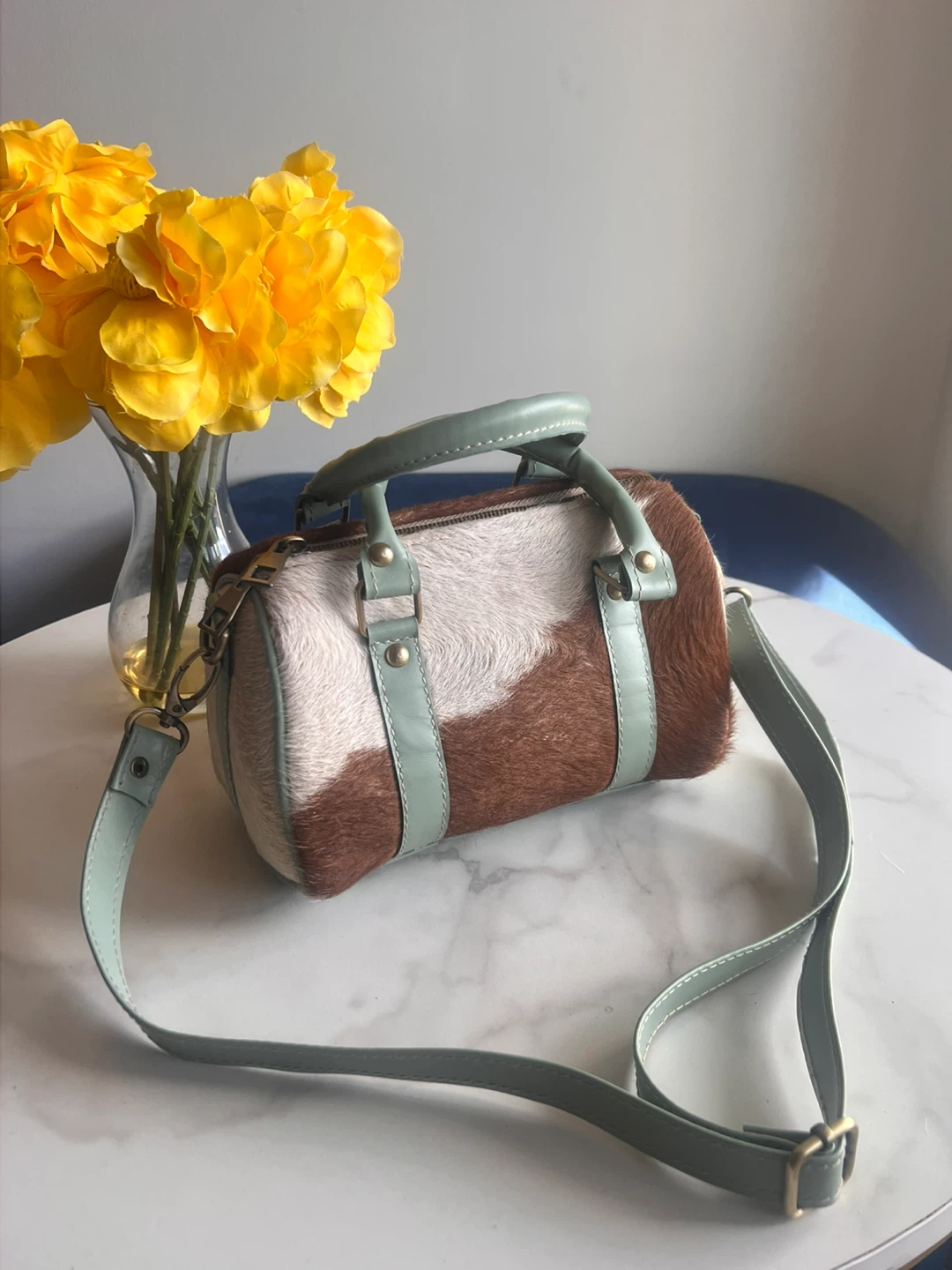 Brown and White Furry Barrel Bag with Light Green Accents