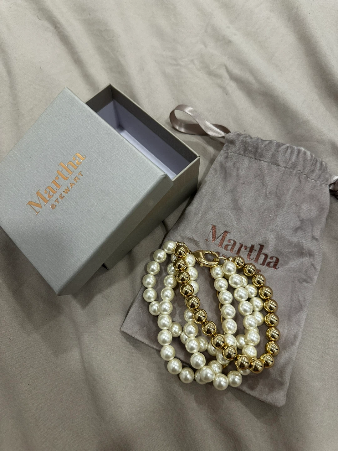 Martha Stewart Pearl and Gold Beaded Bracelet Set
