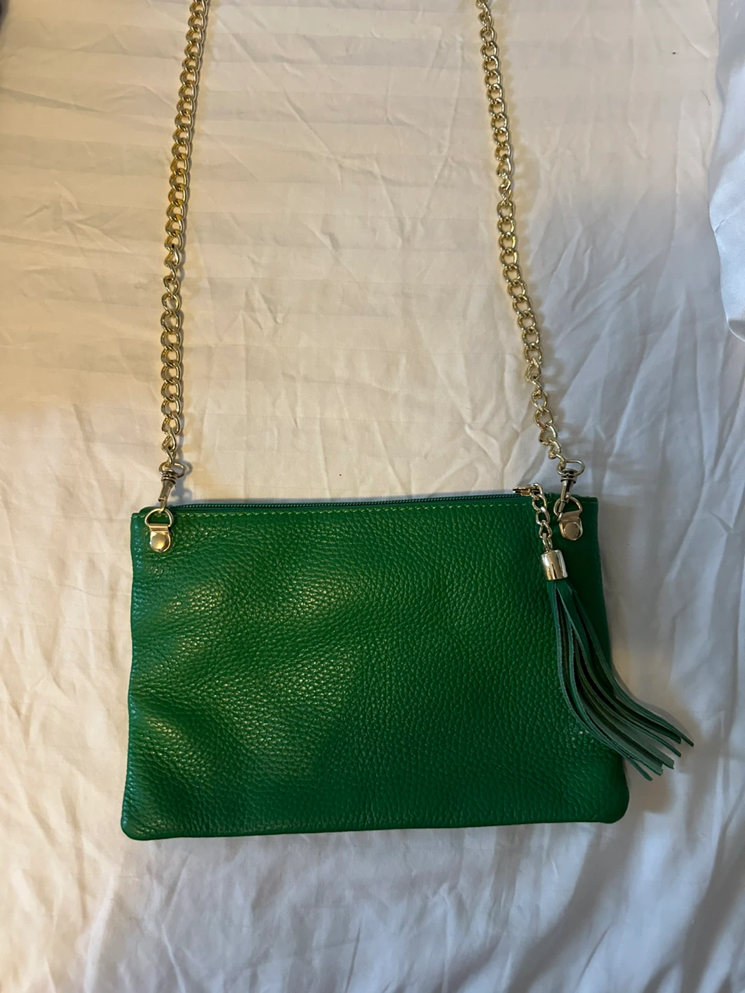 Green Leather Clutch with Gold Chain