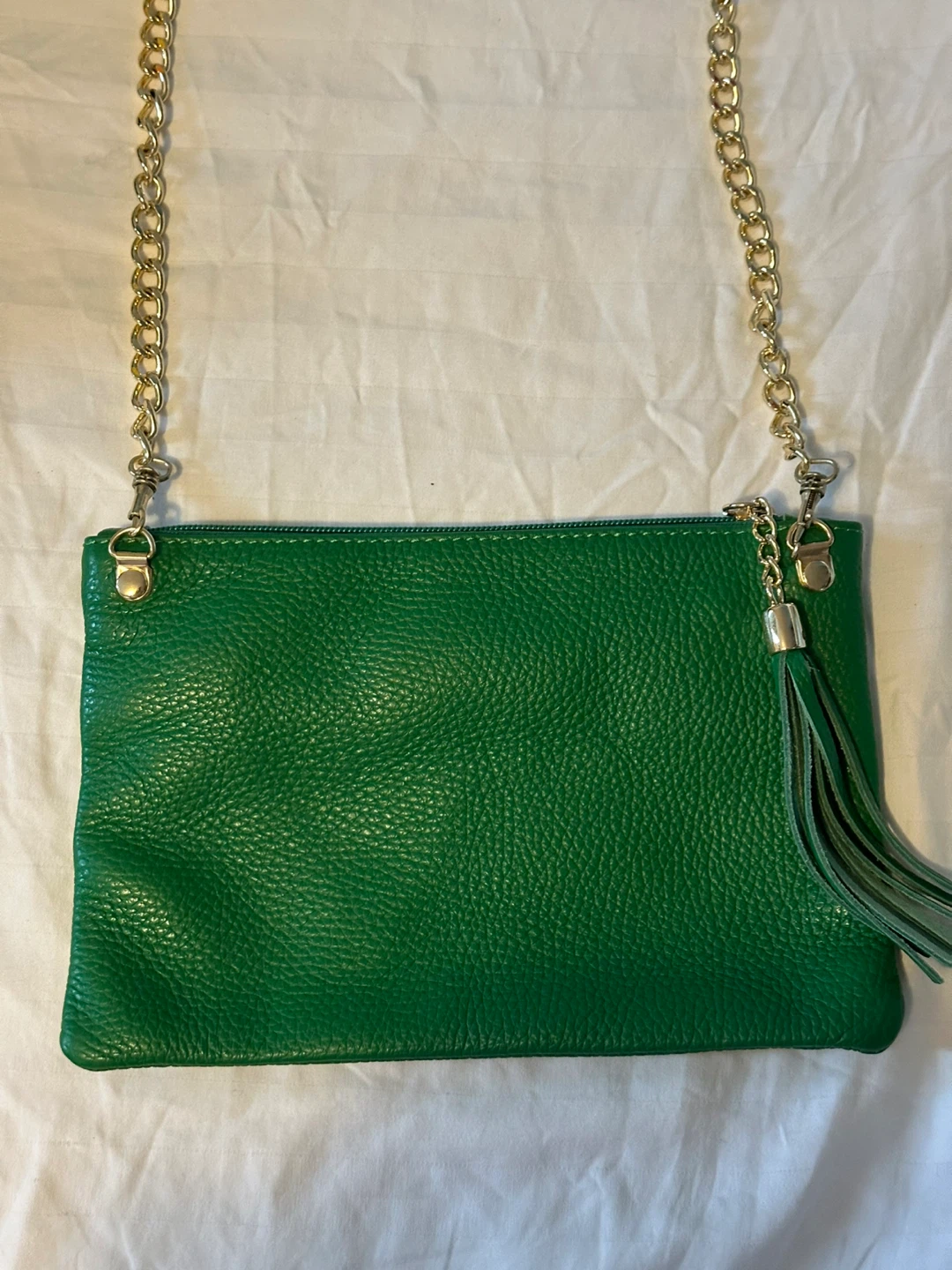 Green Leather Clutch with Gold Chain - photo 4