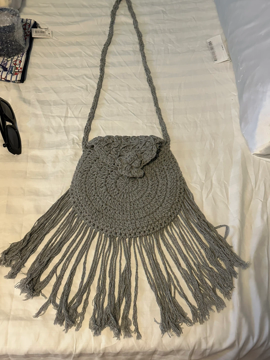 Grey Crochet Shoulder Bag with Fringe