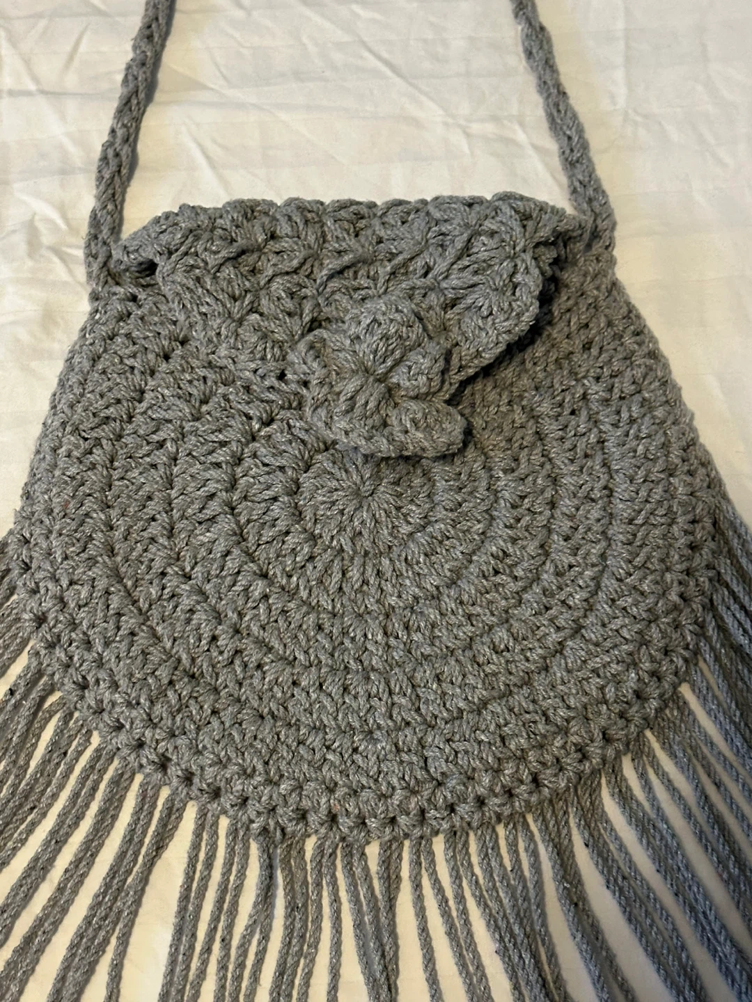 Grey Crochet Shoulder Bag with Fringe - photo 3