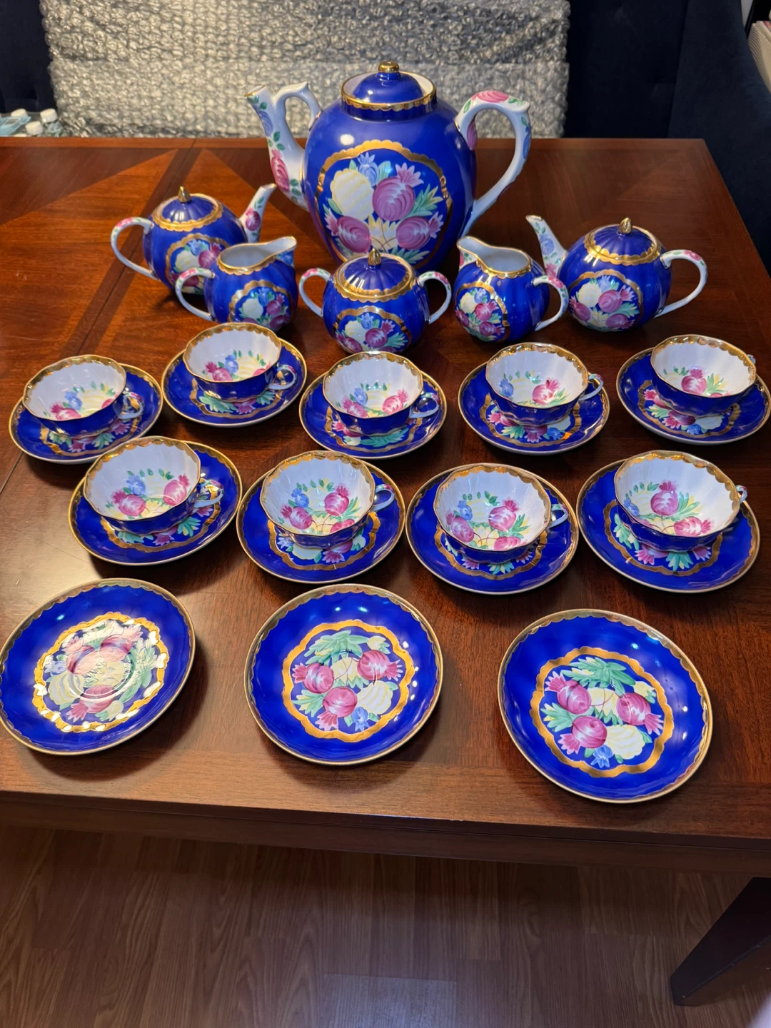 Blue Floral Teapot Set with Cups and Saucers