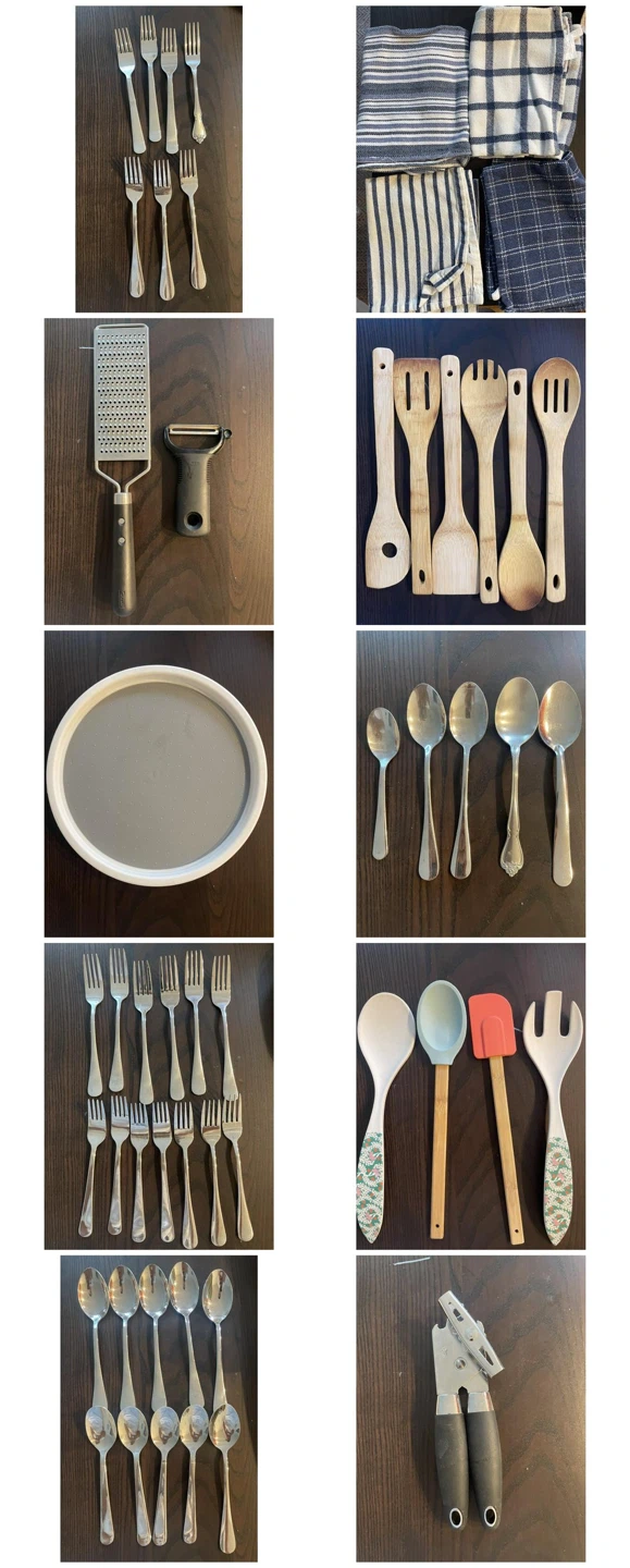 Kitchen Utensil Lot: Forks, Spoons, Grater, Peeler, Can Opener