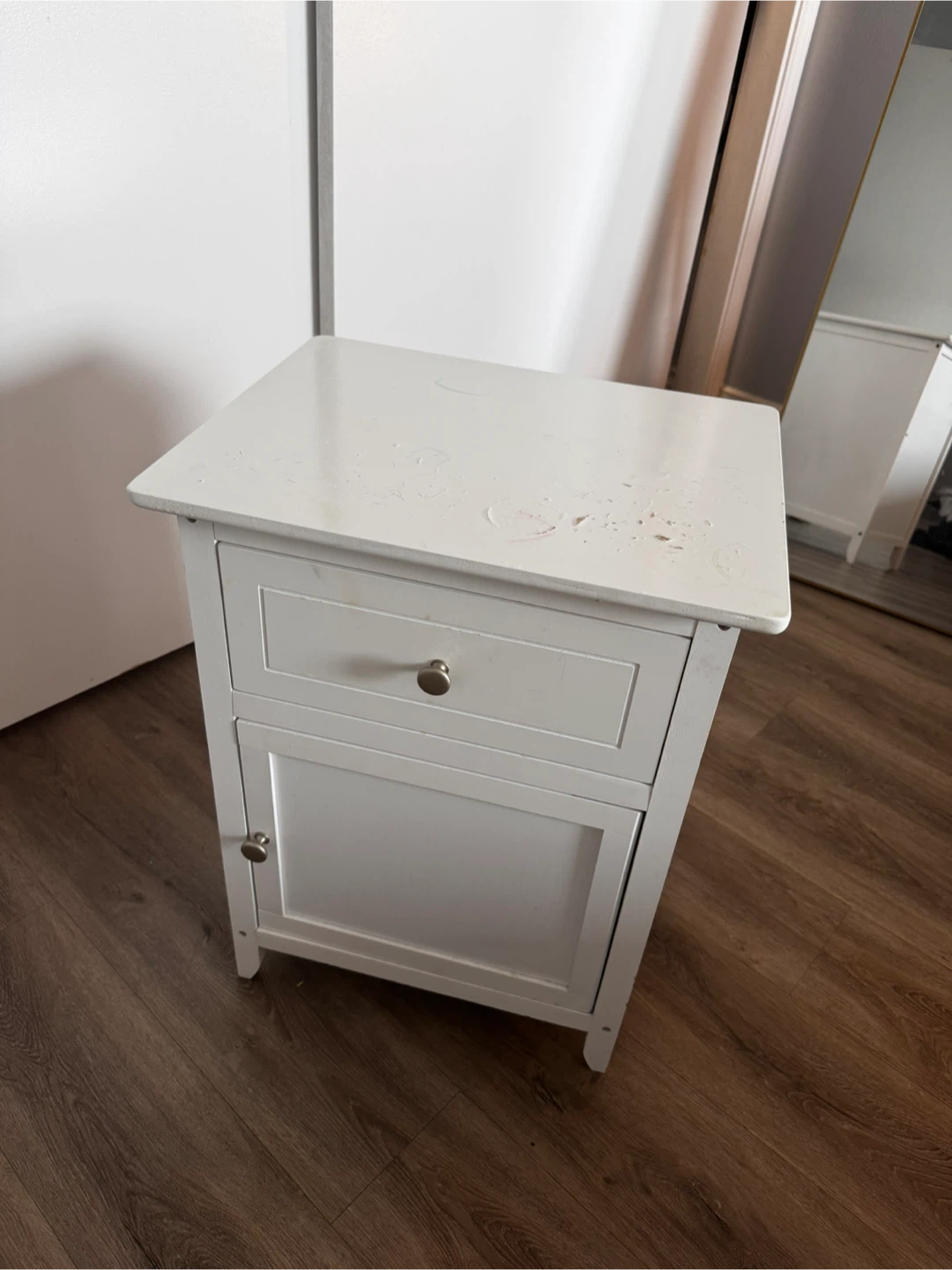 White Nightstand with Drawer and Cabinet