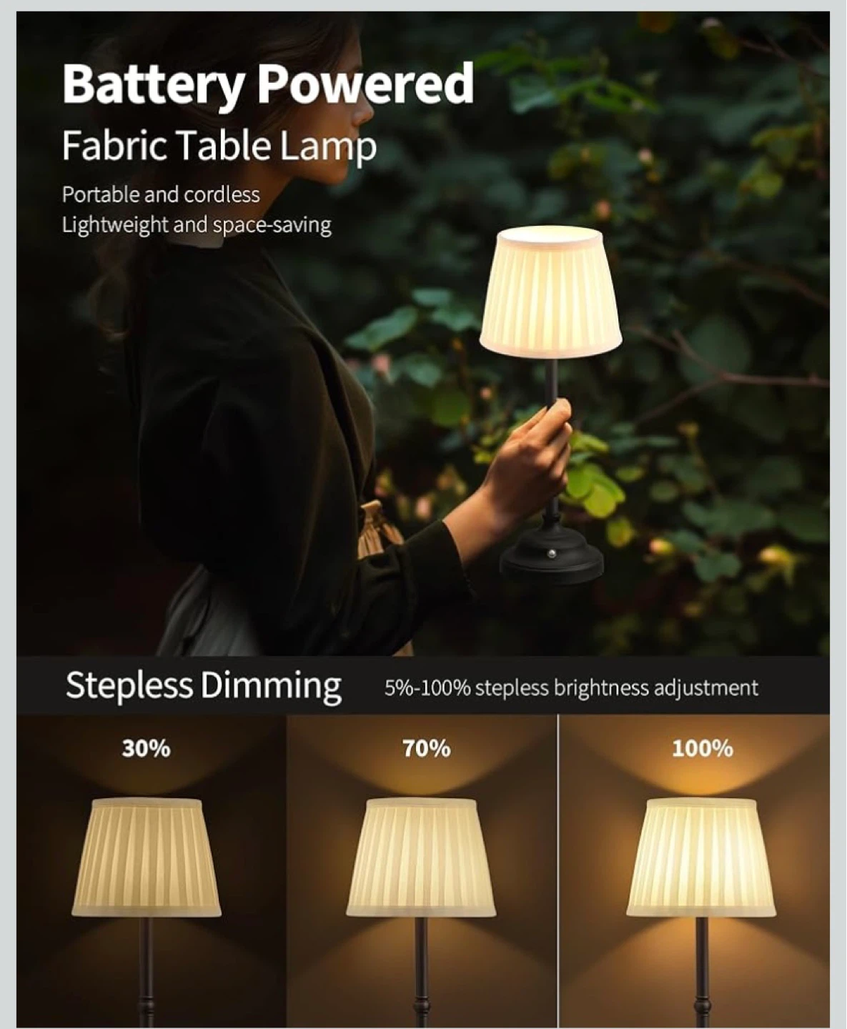 New Cordless LED Table Lamp Fabric Shade - photo 2