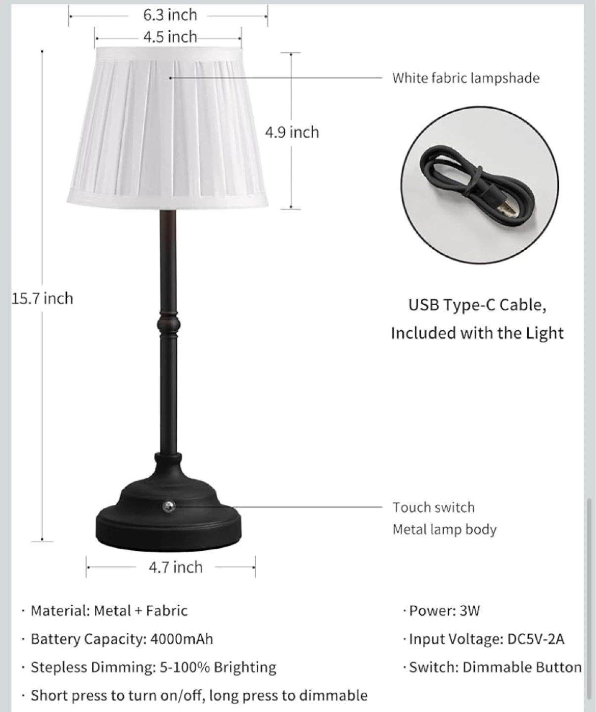 New Cordless LED Table Lamp Fabric Shade - photo 3