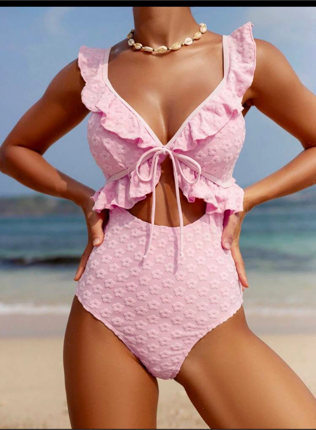 Small- Solid Color Jacquard Ruffle Trim One-Piece Swimsuit