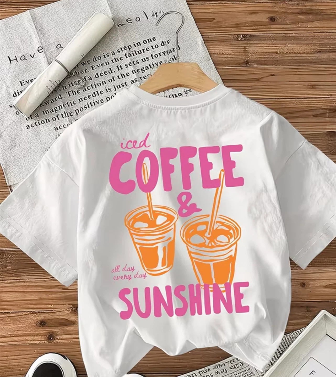 White T-Shirt with Iced Coffee & Sunshine Graphic
