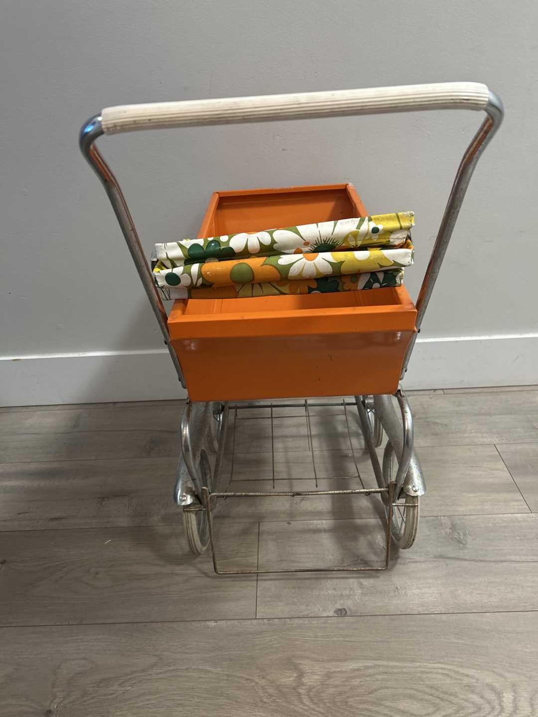 Vintage Orange Metal Doll Stroller with Floral Canopy - photo 3