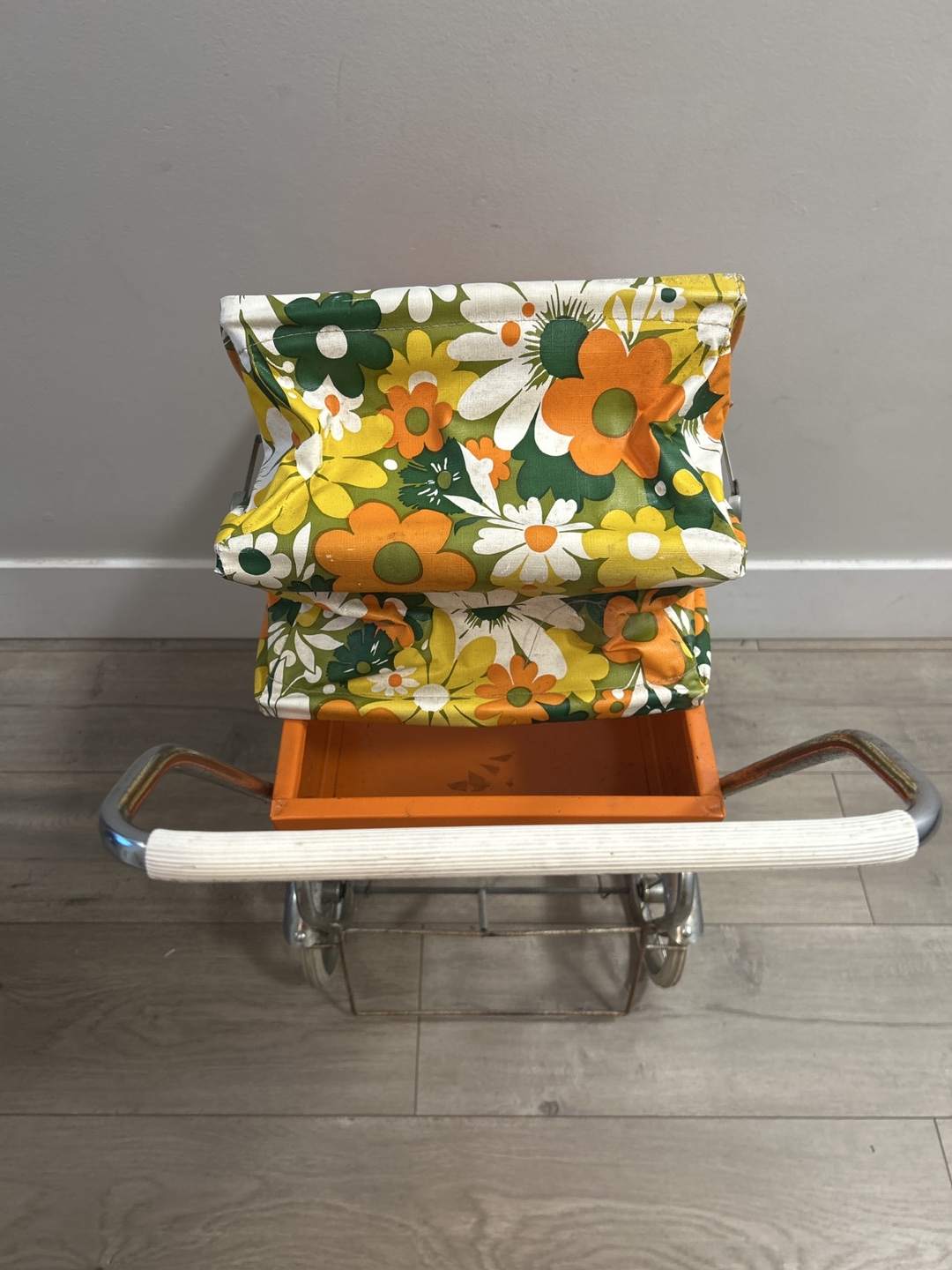 Vintage Orange Metal Doll Stroller with Floral Canopy - photo 4