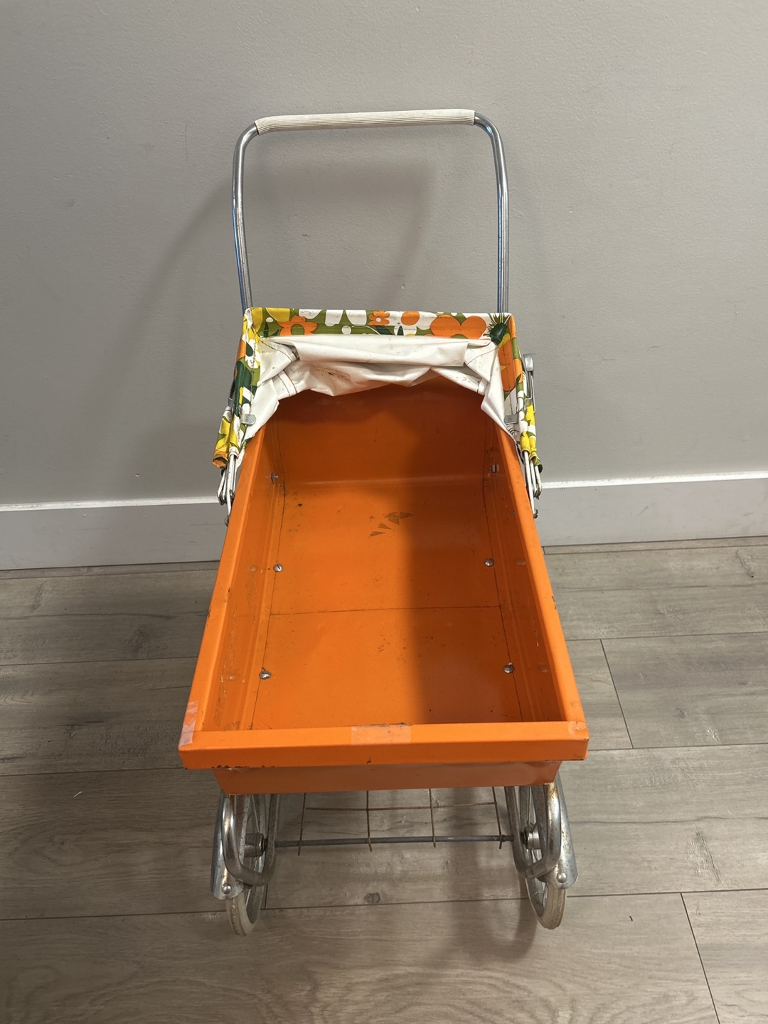 Vintage Orange Metal Doll Stroller with Floral Canopy