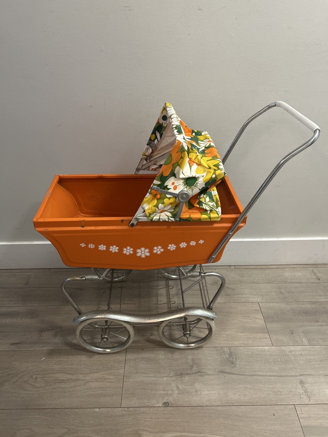 Vintage Orange Metal Doll Stroller with Floral Canopy - photo 5