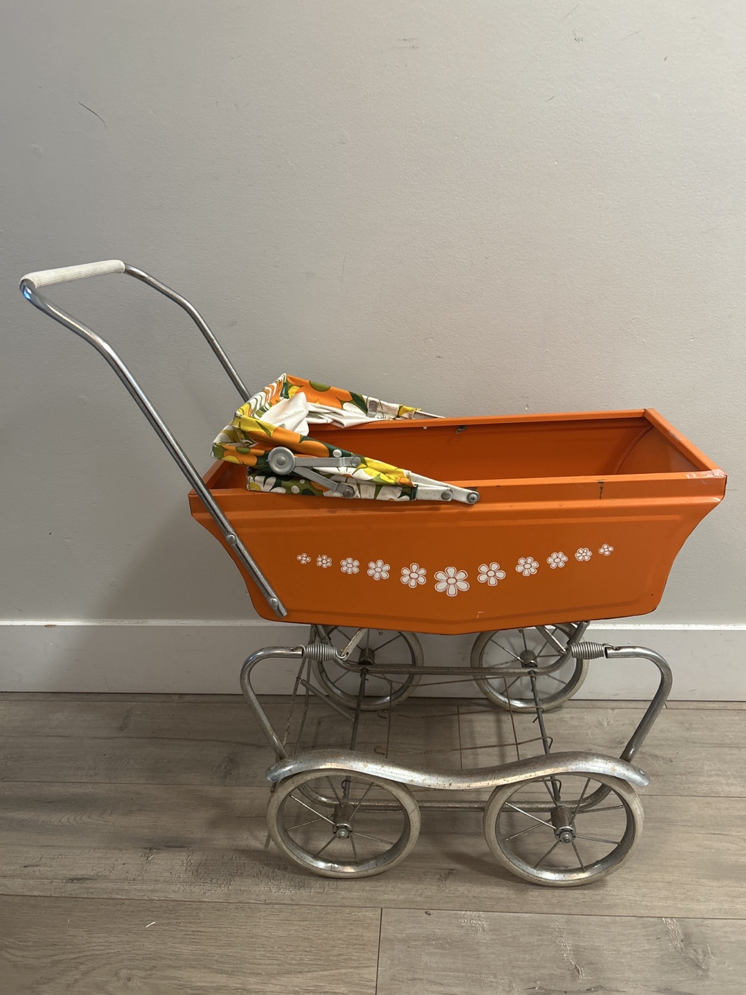 Vintage Orange Metal Doll Stroller with Floral Canopy - photo 2