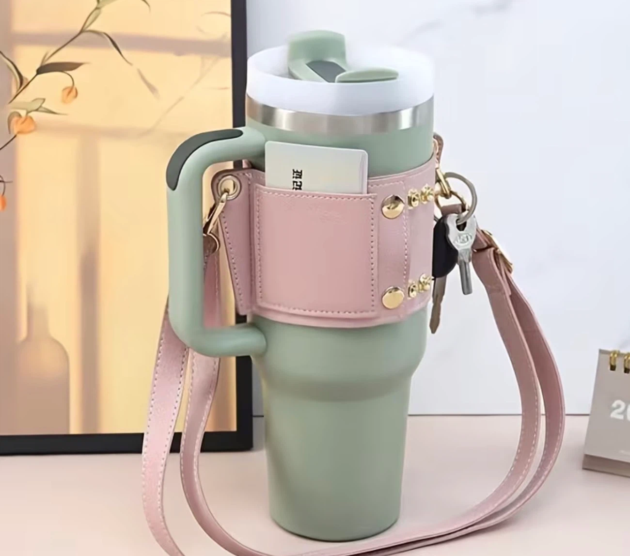 Pink Adjustable Cup Holder Strap with Card Slot
