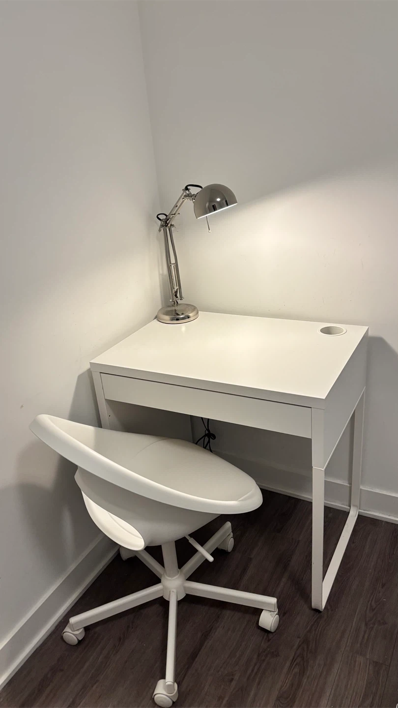 White IKEA Desk with Drawer and Chair