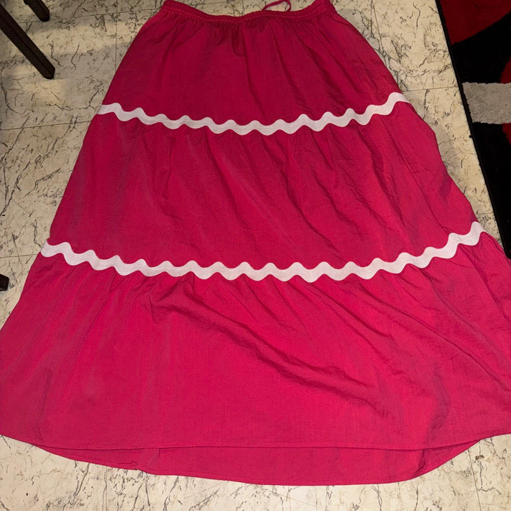 Pink Tiered Maxi Skirt with White Trim