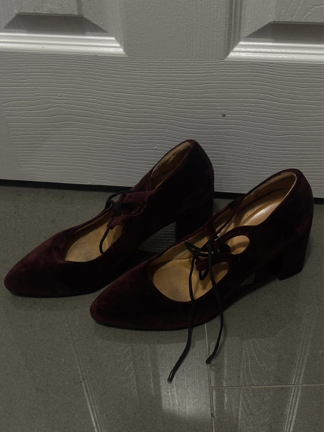 Maroon Velvet Lace-Up Block Heels - photo 3