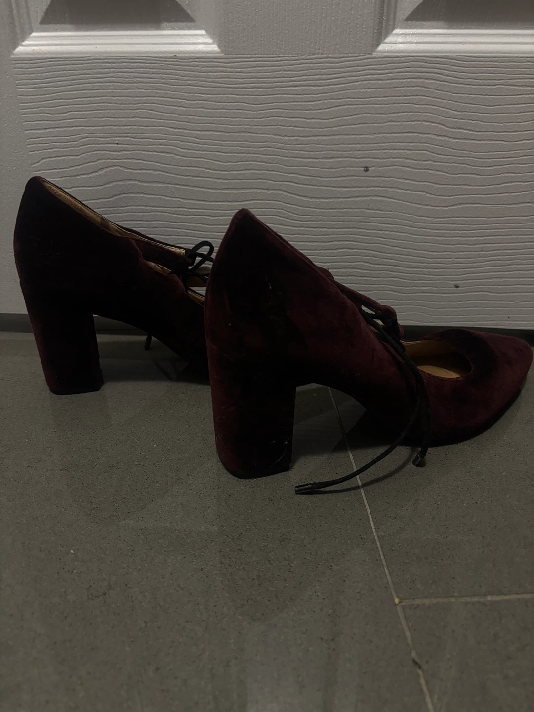 Maroon Velvet Lace-Up Block Heels - photo 2