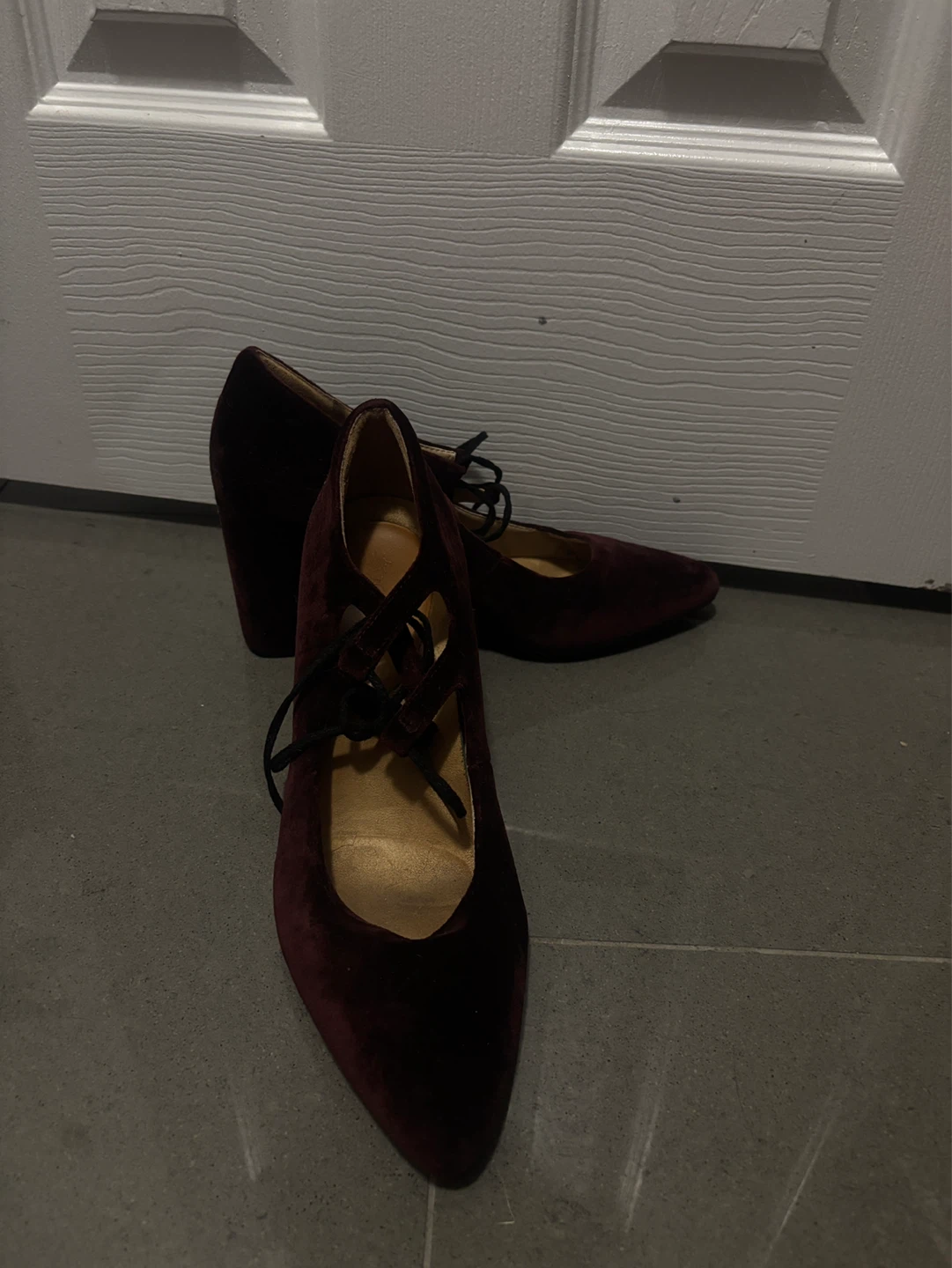 Maroon Velvet Lace-Up Block Heels