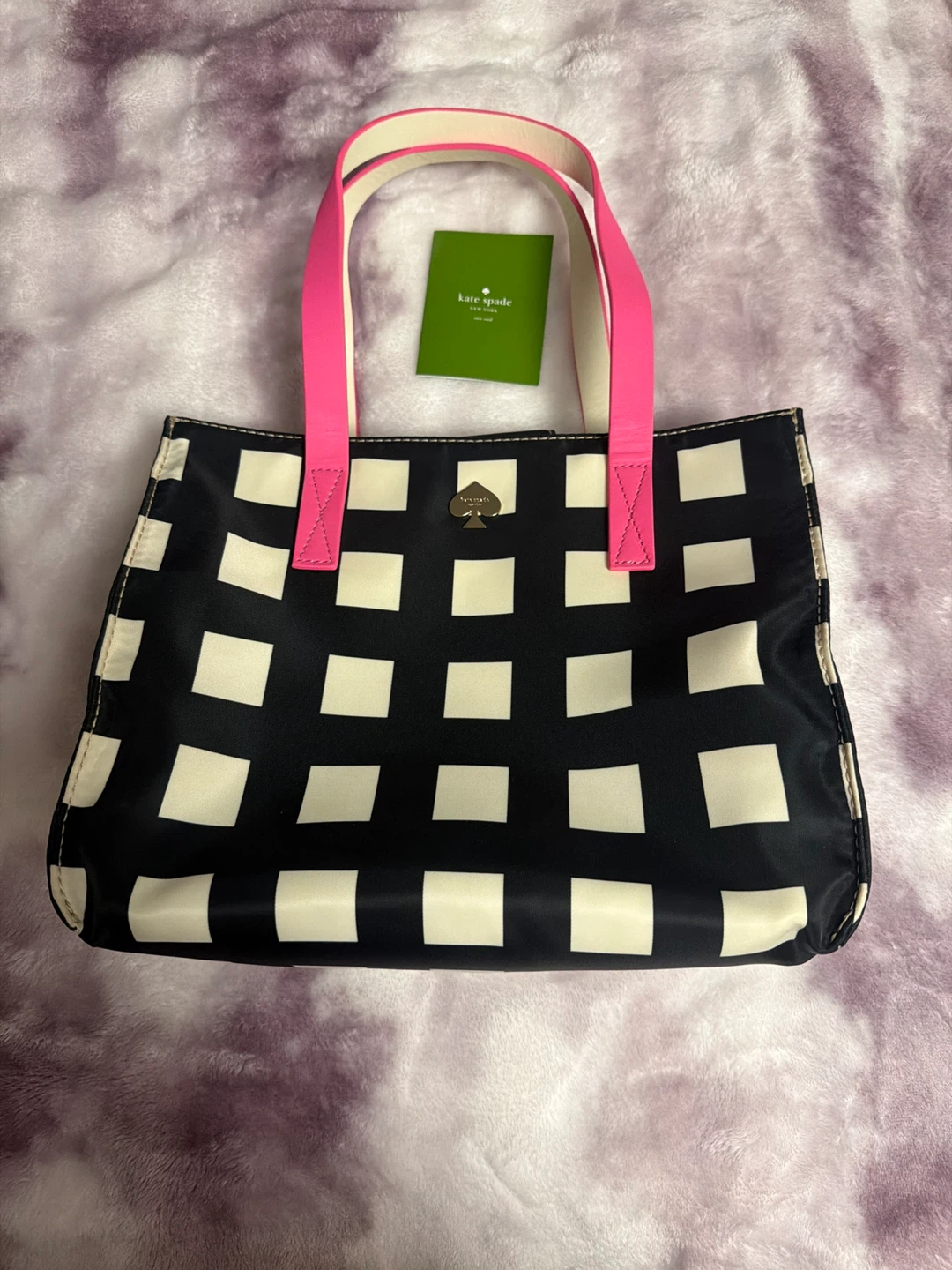 Kate Spade Tote Bag Black White Plaid Pink Handles