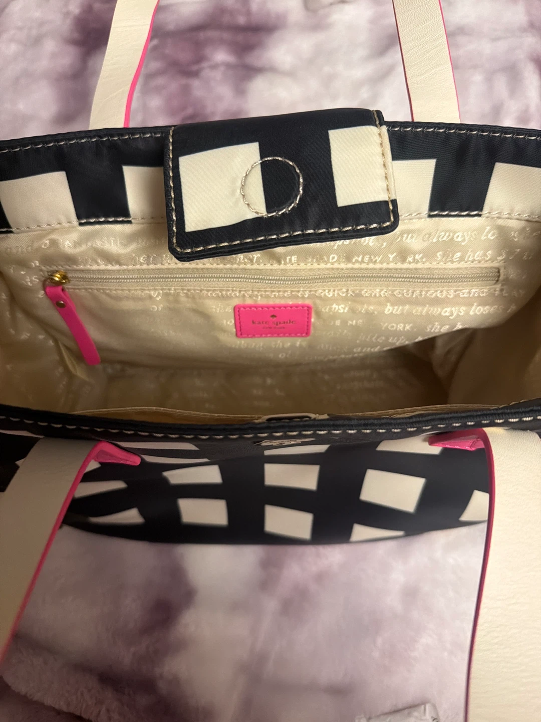 Kate Spade Tote Bag Black White Plaid Pink Handles - photo 2