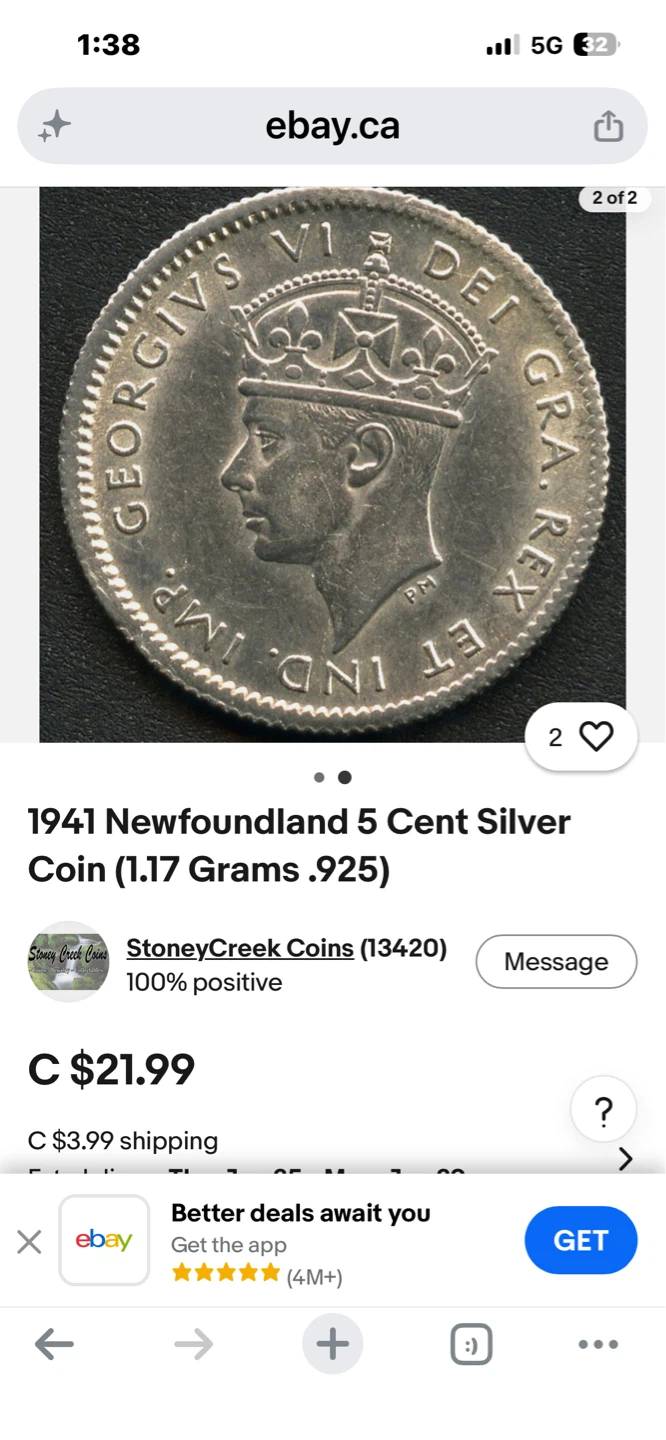 Vintage 1941 Newfoundland 5 Cent Silver Coin - photo 2