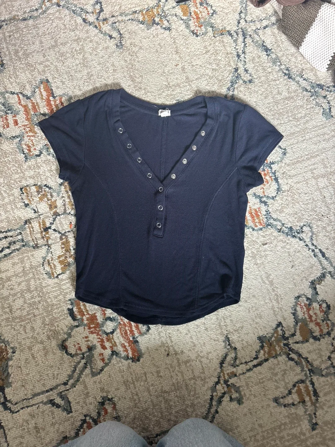 GARAGE Navy Ribbed Henley Top