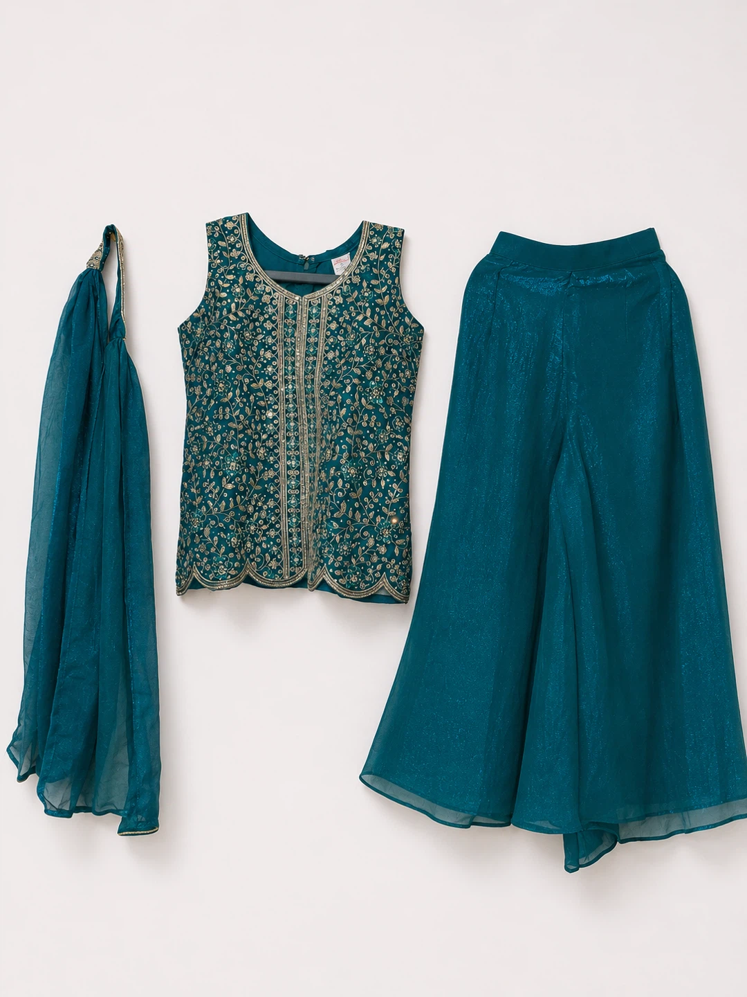 Teal Embroidered Sleeveless Top and Palazzo Pants Set