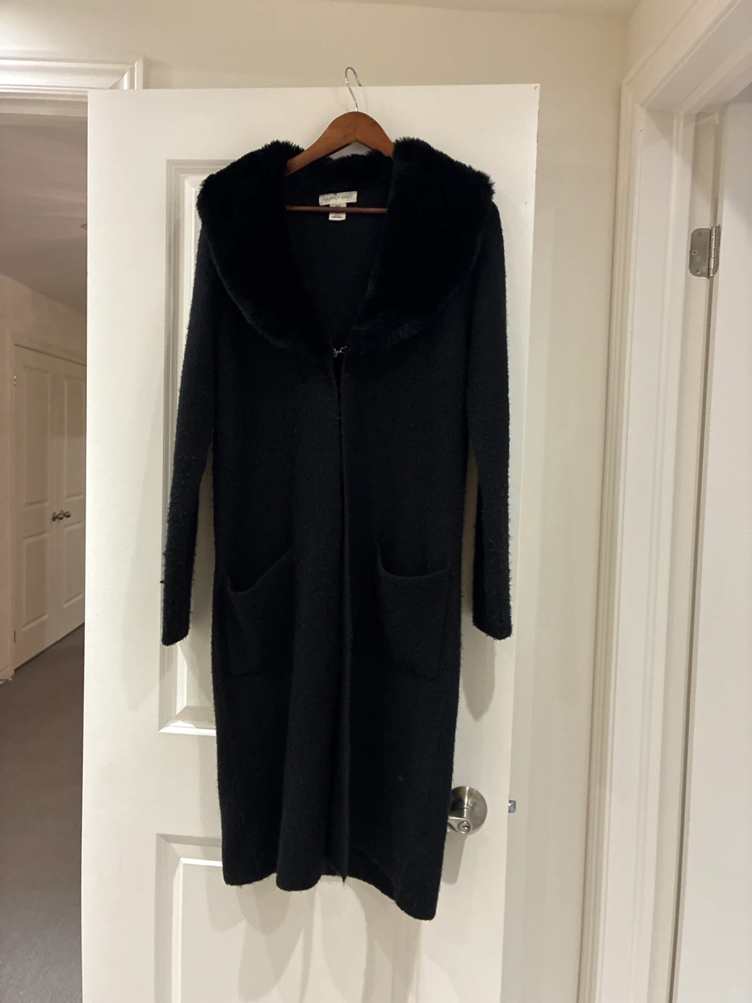 Happily Grey Black Cardigan with Faux Fur Collar - Size S