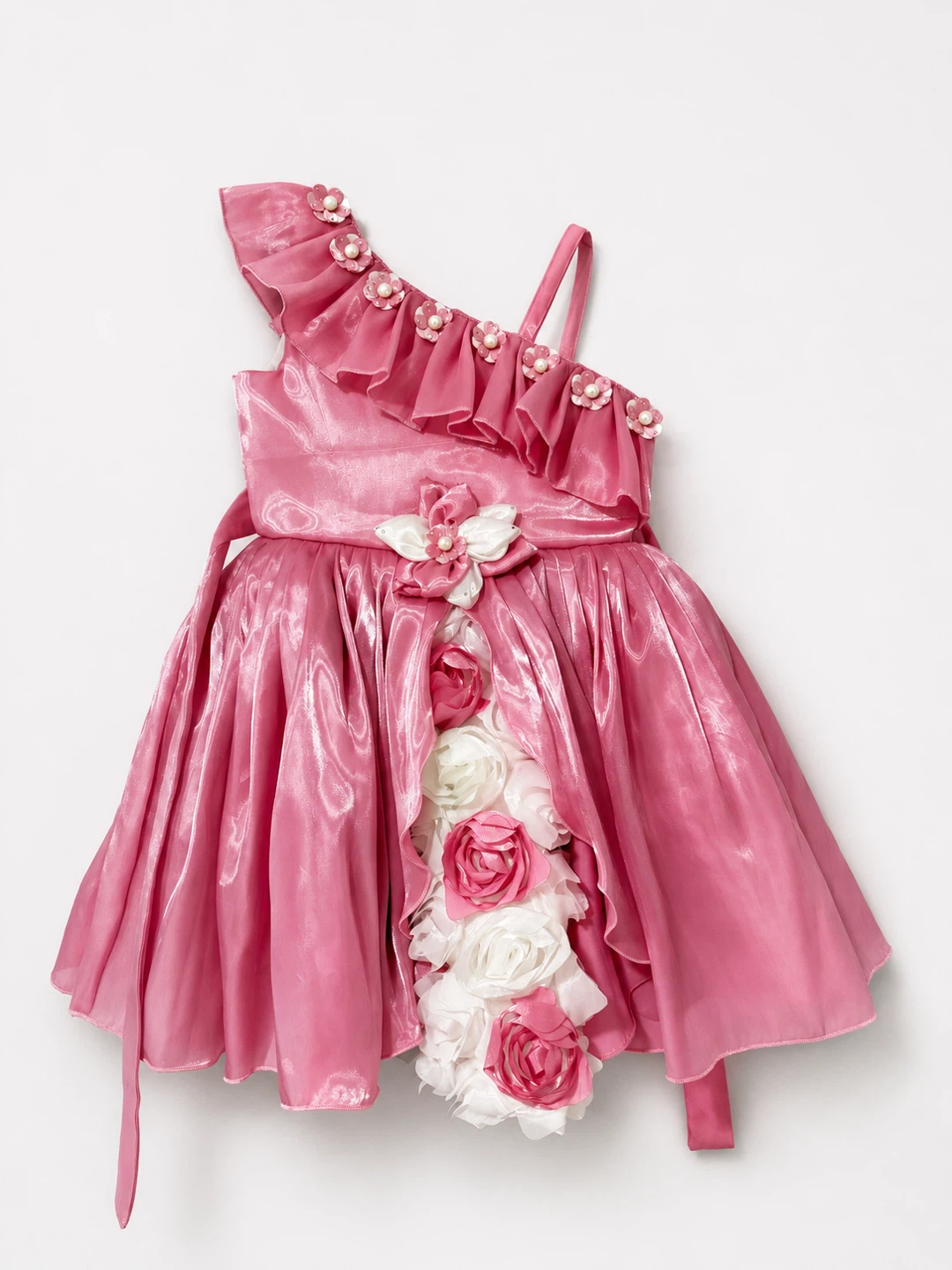 Girl's Pink One-Shoulder Dress with Floral Embellishments